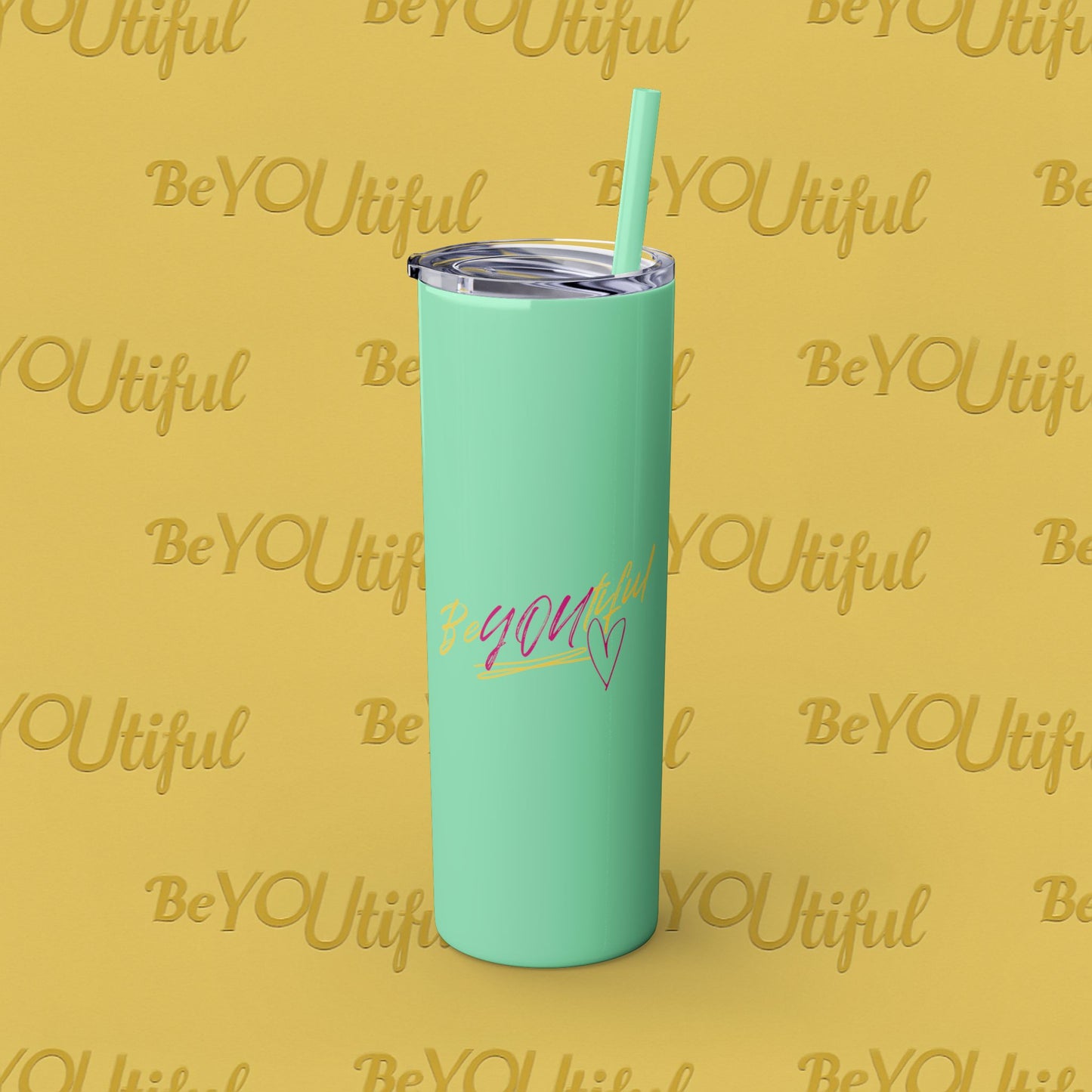 BeYOUtiful Inspirational Skinny Tumbler with Straw, 20oz - BeYOUtiful, Motivational Travel Mug, Perfect Gift for Her, Women’s Fitness Cup, Inspirational Mug