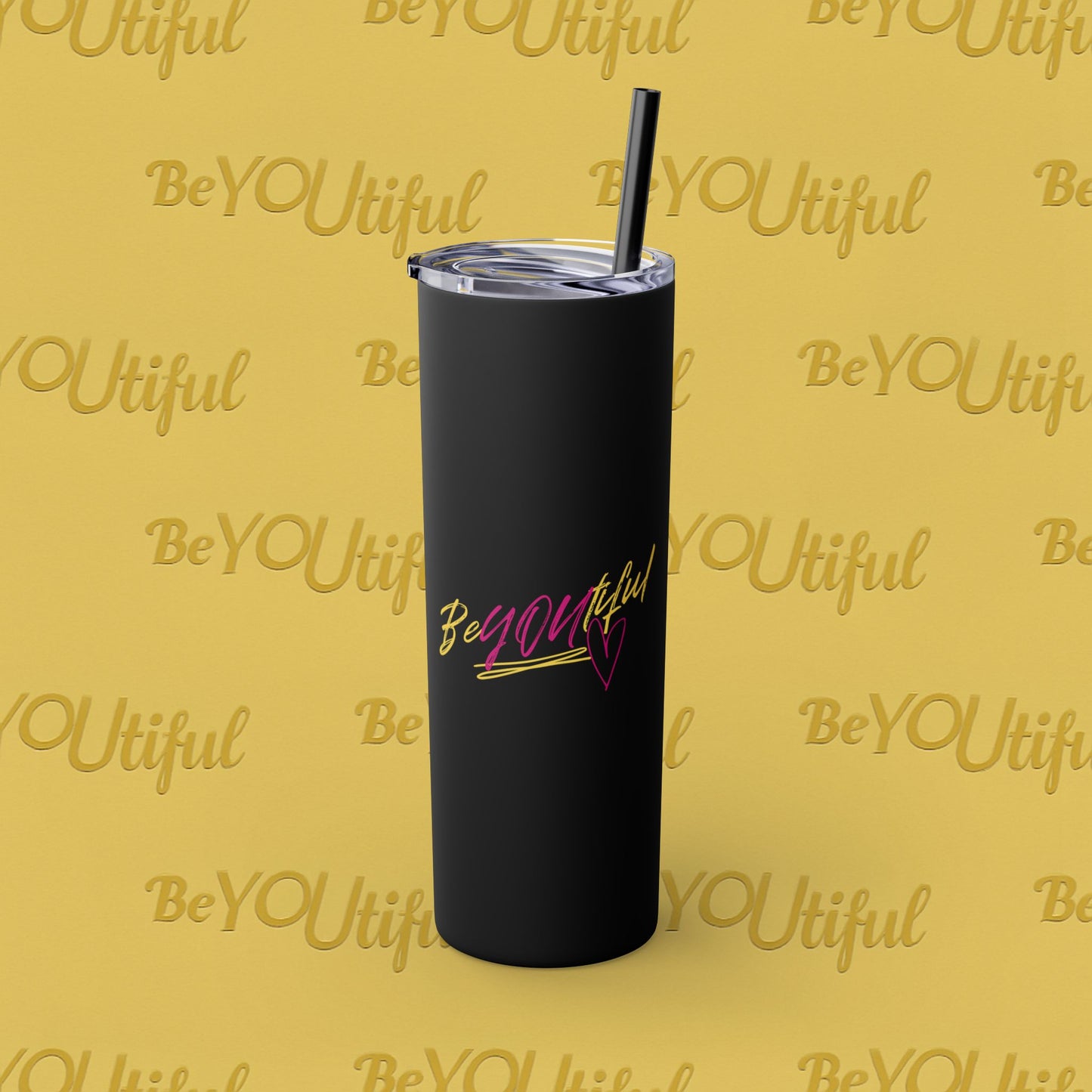 BeYOUtiful Inspirational Skinny Tumbler with Straw, 20oz - BeYOUtiful, Motivational Travel Mug, Perfect Gift for Her, Women’s Fitness Cup, Inspirational Mug