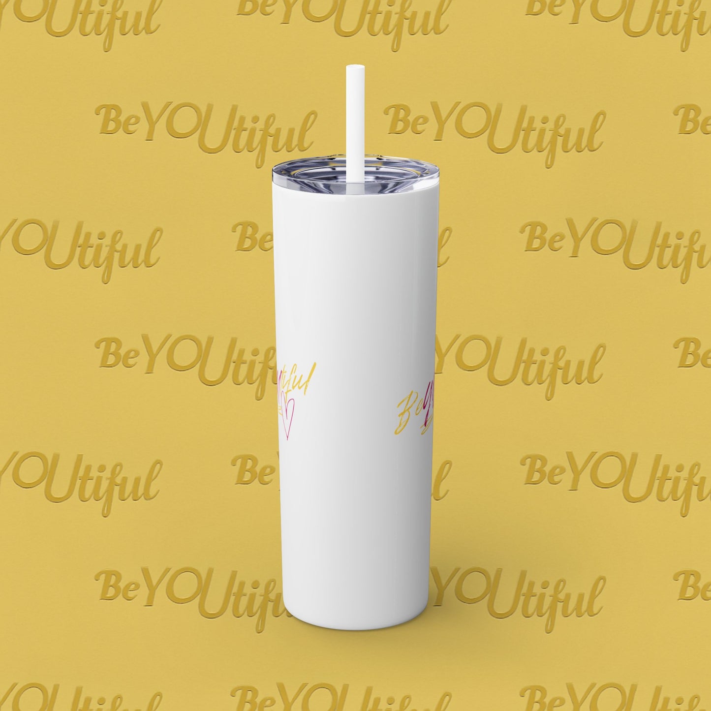 BeYOUtiful Inspirational Skinny Tumbler with Straw, 20oz - BeYOUtiful, Motivational Travel Mug, Perfect Gift for Her, Women’s Fitness Cup, Inspirational Mug