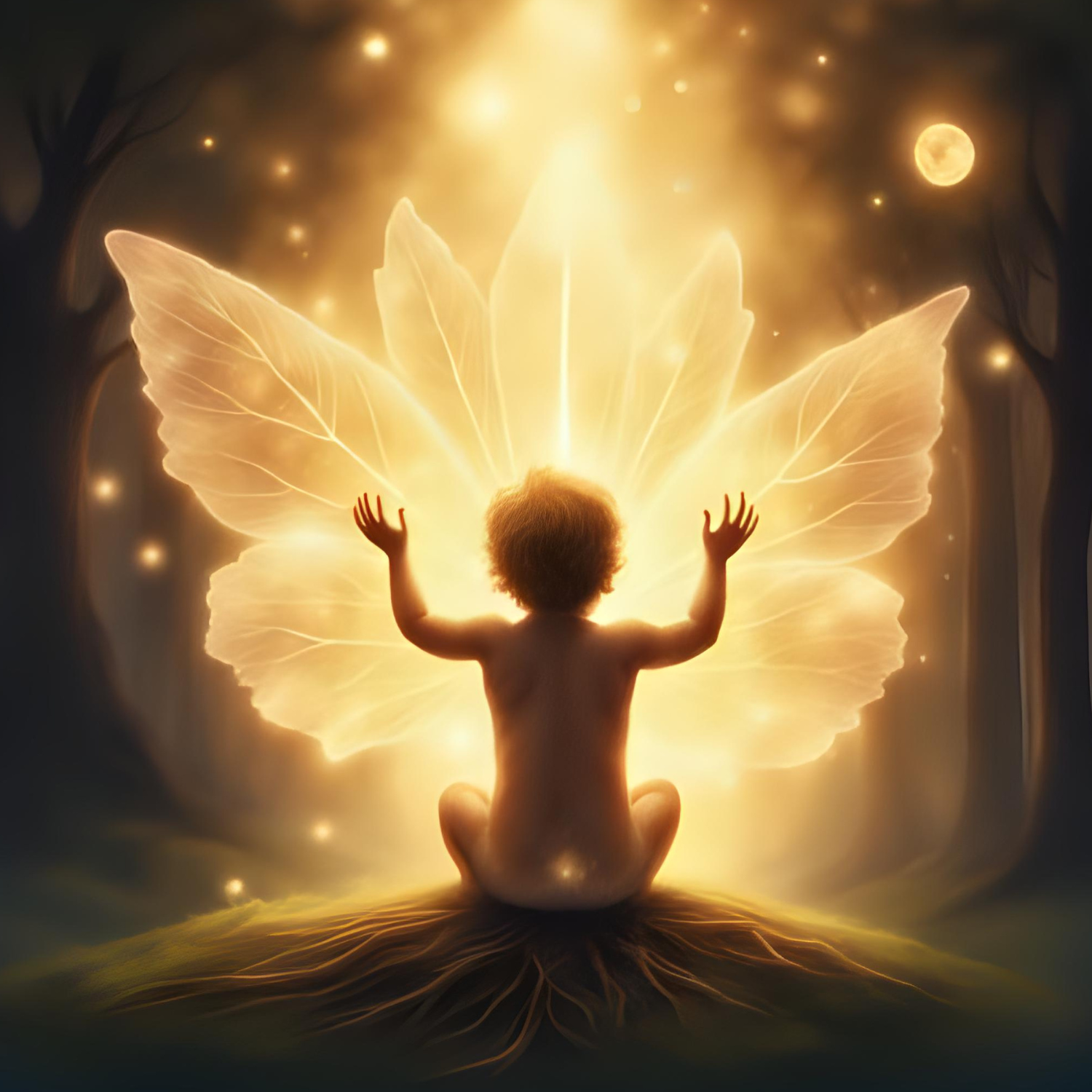 Child with fairy wings in a mystical forest setting