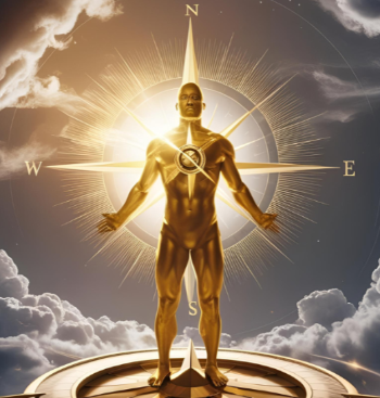 Human compass of golden color glowing radiantly.