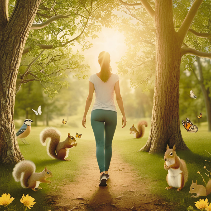 Spiritual seeker in forest light, surrounded by animals.