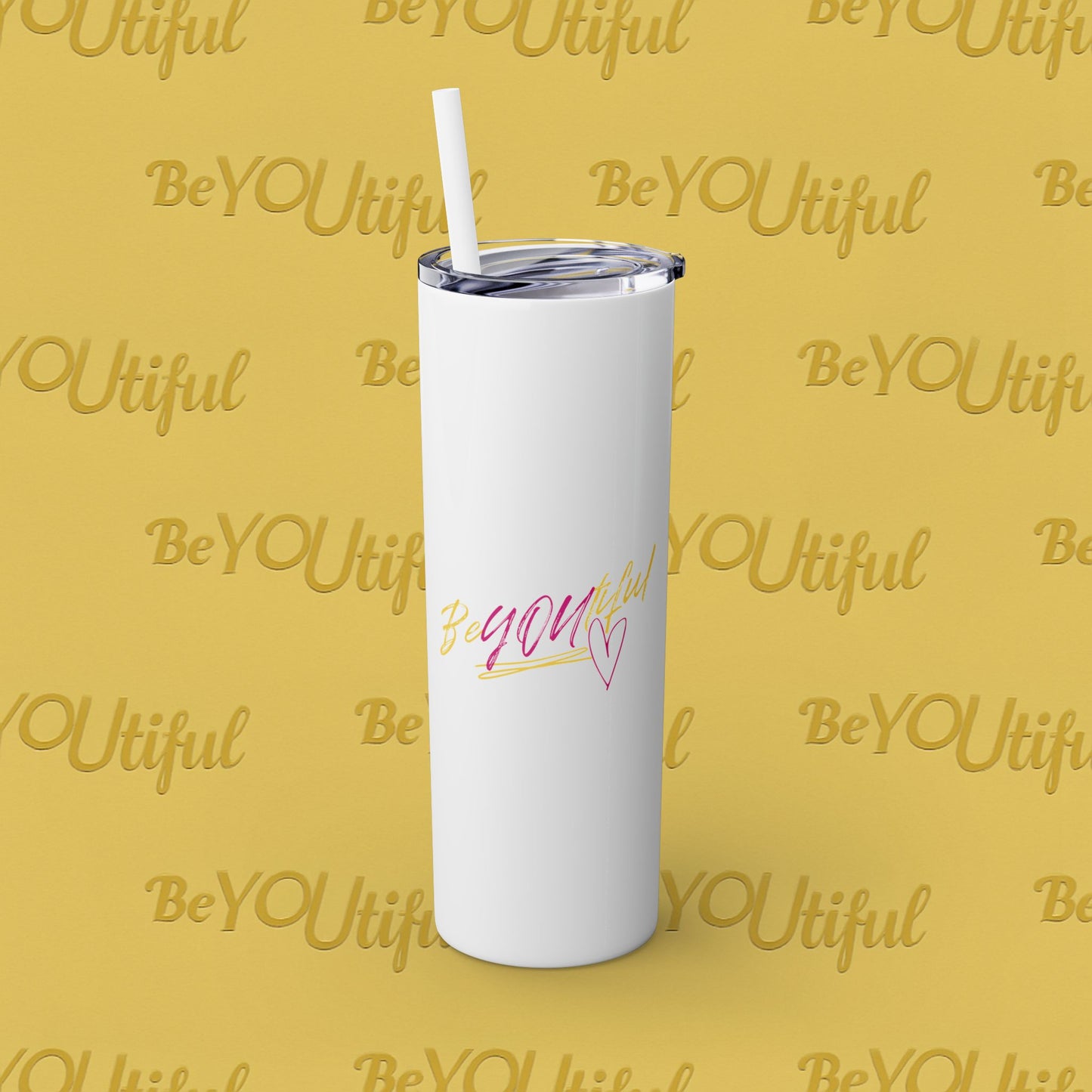 BeYOUtiful Inspirational Skinny Tumbler with Straw, 20oz - BeYOUtiful, Motivational Travel Mug, Perfect Gift for Her, Women’s Fitness Cup, Inspirational Mug
