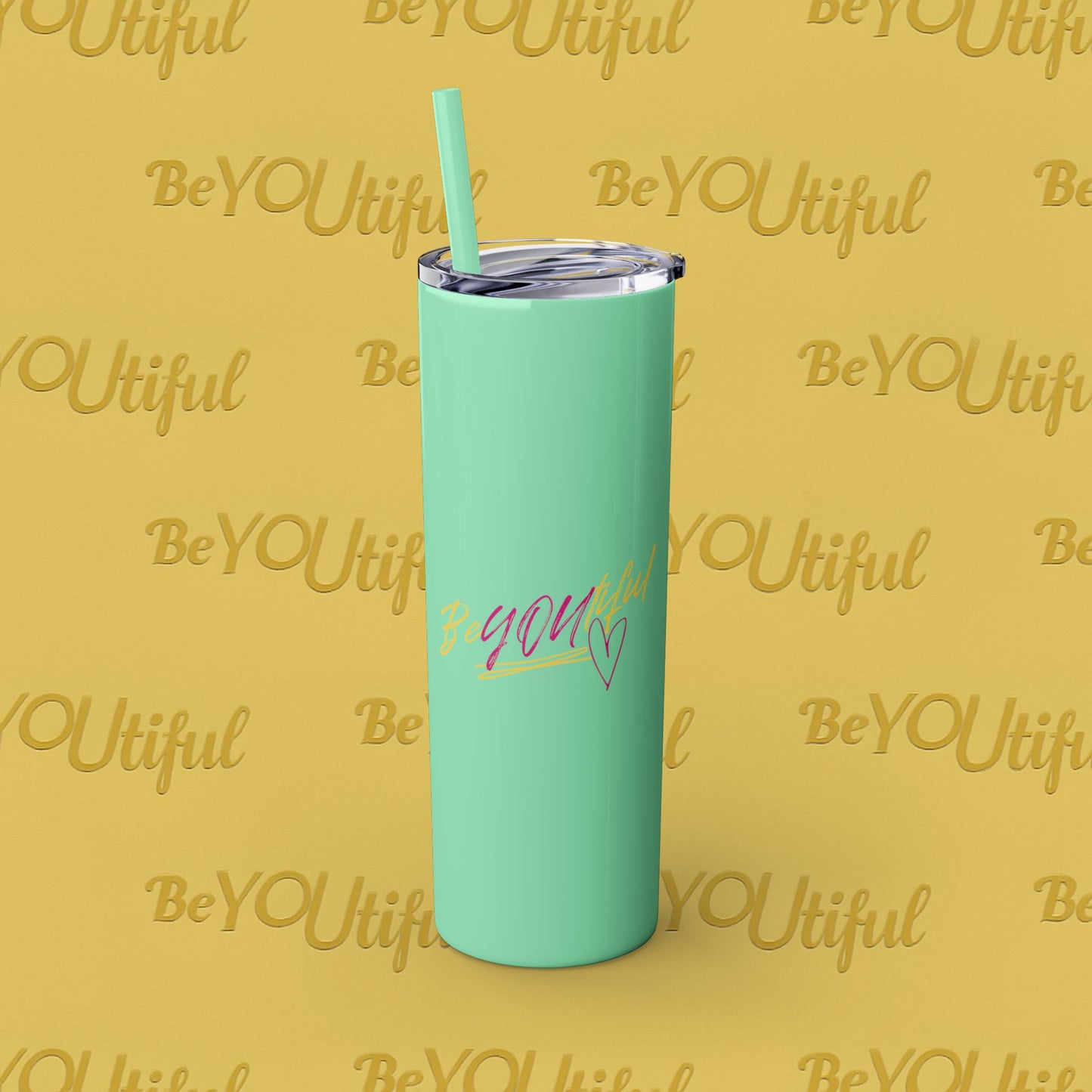 BeYOUtiful Inspirational Skinny Tumbler with Straw, 20oz - BeYOUtiful, Motivational Travel Mug, Perfect Gift for Her, Women’s Fitness Cup, Inspirational Mug