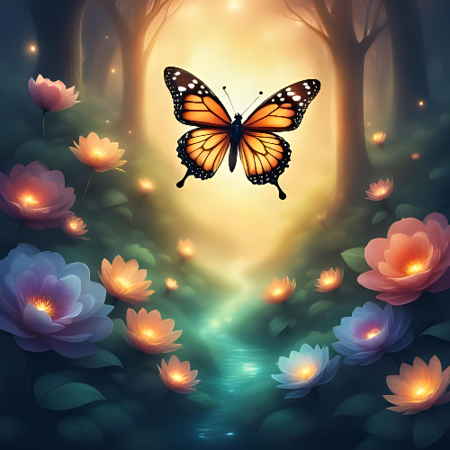 Butterfly in a magical forest with glowing flowers and a moonlit sky.