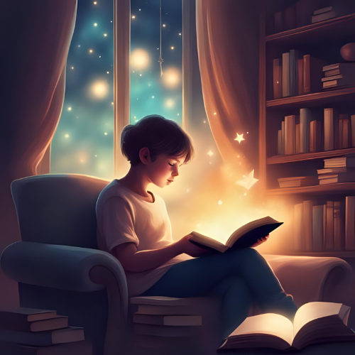 Child reading a book in a cozy room with bookshelves and a window with lights.