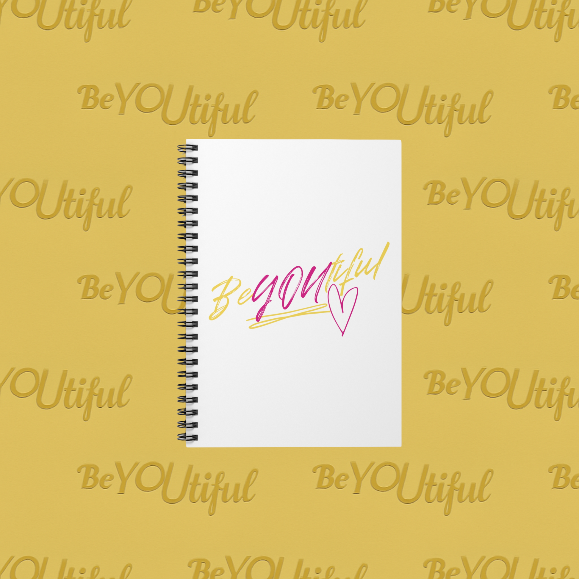 BeYOUtiful Spiral Notebook Pink/Yellow Logo Flat Lay