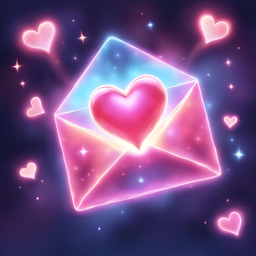Neon envelope with a heart and hearts around on a dark background