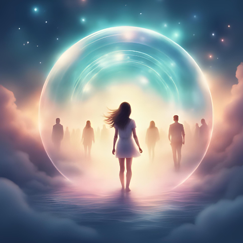 Woman in a white dress standing in front of a glowing circular portal with other people on a cloud-like surface.