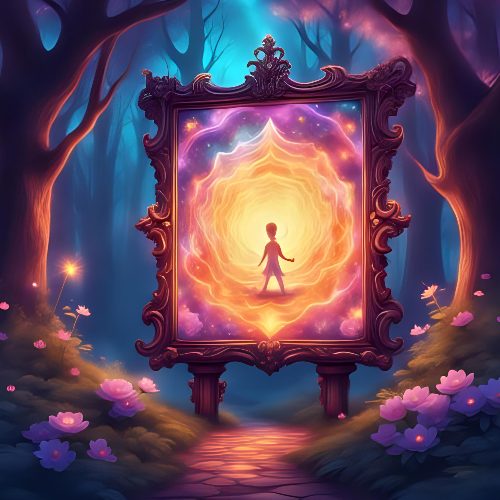 Enchanted mirror in a mystical forest with a glowing portal and silhouette of a person.