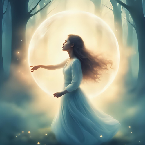 Woman in a white dress standing in a mystical forest with a glowing circular light around her.