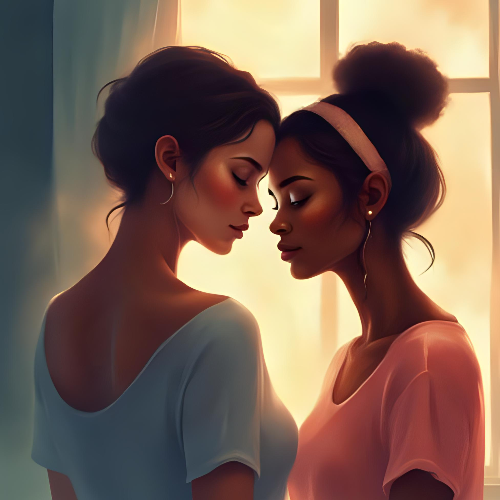 Two women facing each other with a warm glow in the background