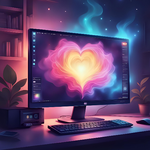 Computer monitor displaying a heart-shaped colorful design on a desk with a cozy room setting.
