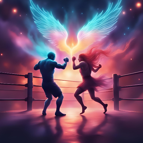 Illustration of a muscular figure and a woman with wings facing each other in a boxing ring.